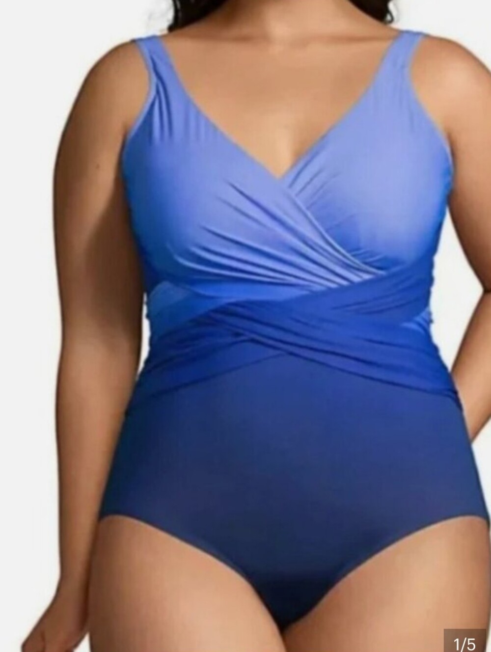 Lands' End New SlenderSuit Wrap One-Piece Swimsuit Deep Sea Navy/Sapphire Ombre